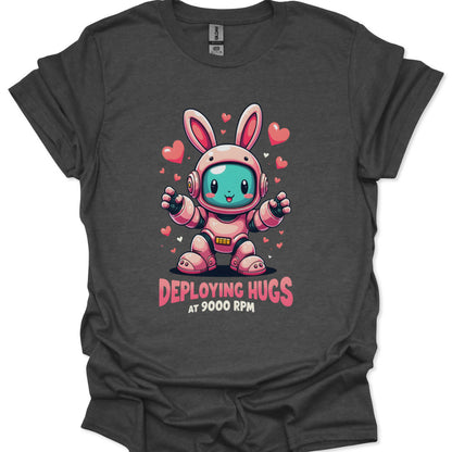 Gray t-shirt with a cartoon character in a space suit and text 'Deploying Hugs at 9000 RPM' on a white background