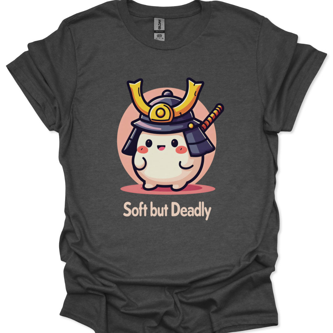 Dark gray t-shirt with a cartoon character in a samurai helmet and 'Soft but Deadly' text on a white background.