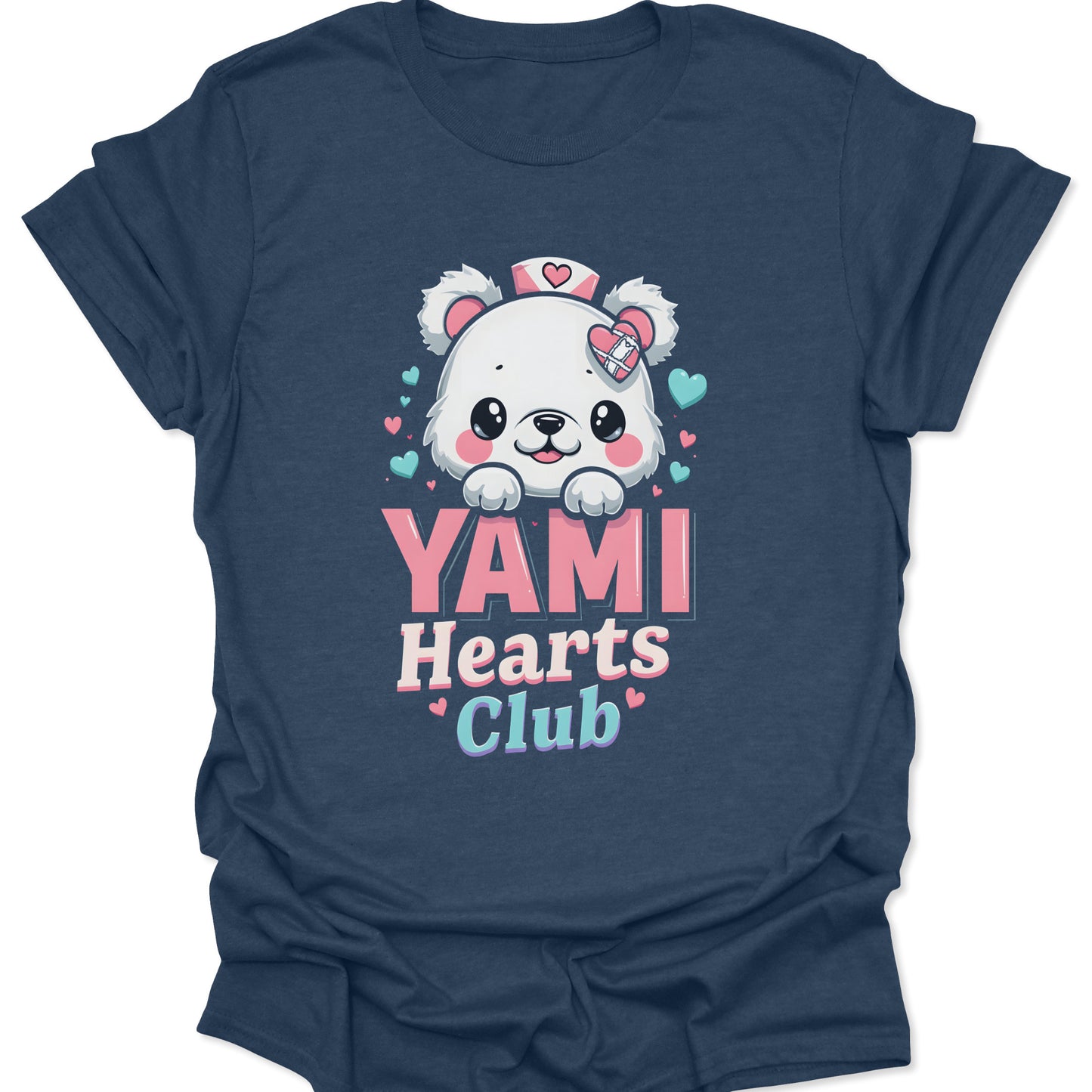 Heather Navy blended cotton shirt featuring a Yami Kawaii nurse bear with medical heart icons in a chibi anime style, isolated on a neutral studio background.