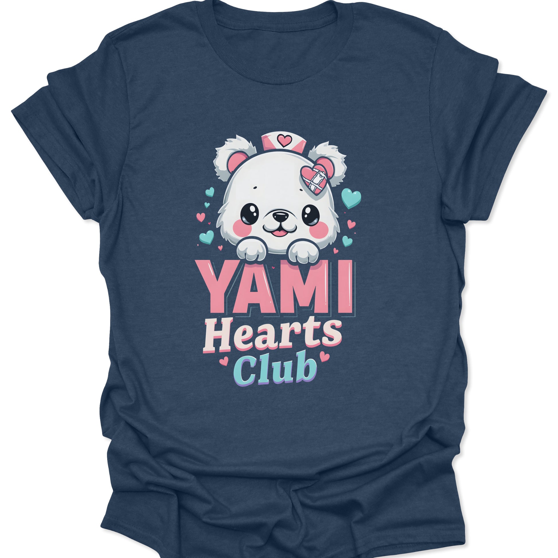 Heather Navy blended cotton shirt featuring a Yami Kawaii nurse bear with medical heart icons in a chibi anime style, isolated on a neutral studio background.