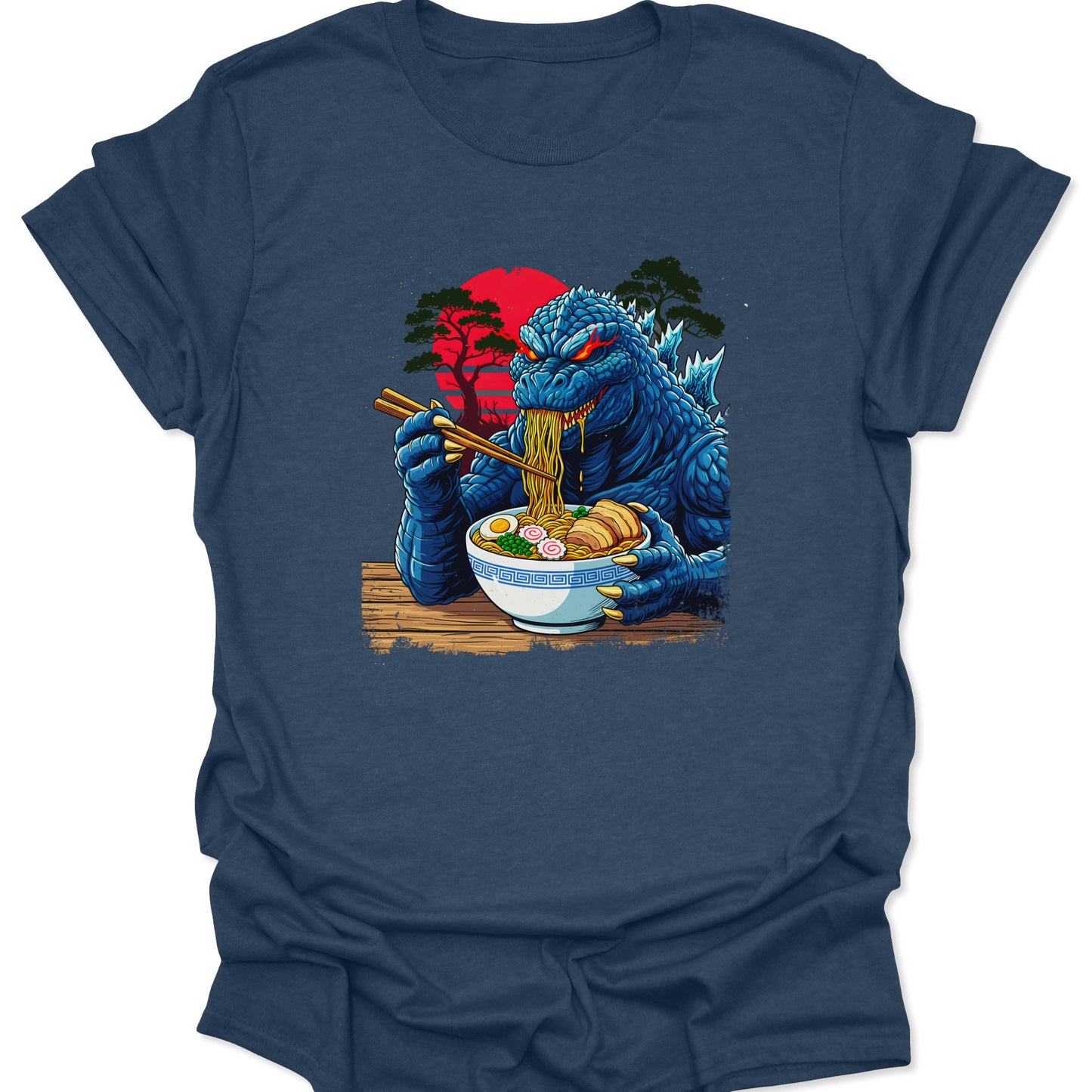 Heather Navy textured cotton shirt showcasing a giant blue monster with a ramen bowl in a Hokusai-inspired art style, isolated on a studio background.