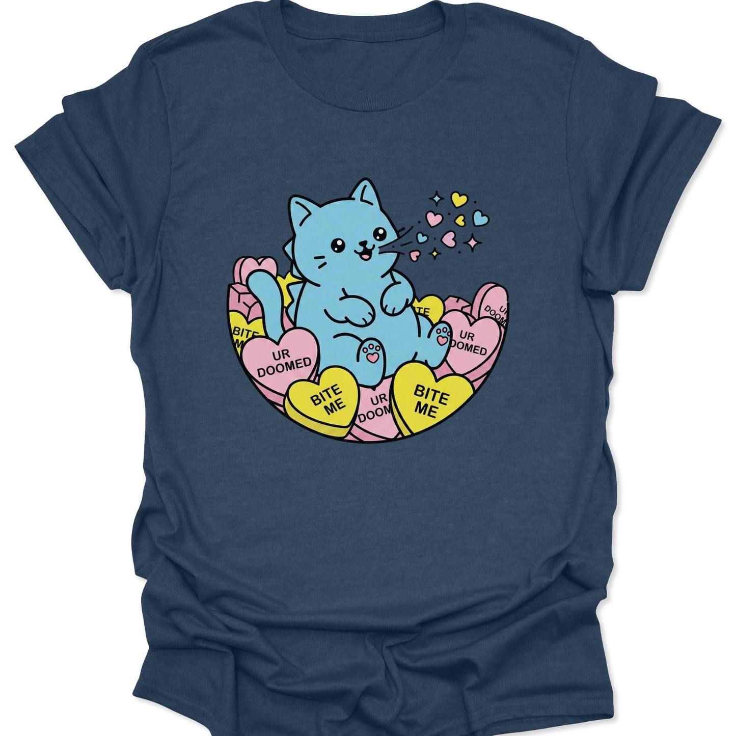 Heather navy unisex adult t-shirt featuring a blue anime cat surrounded by pastel pink and yellow ur doomed hearts.