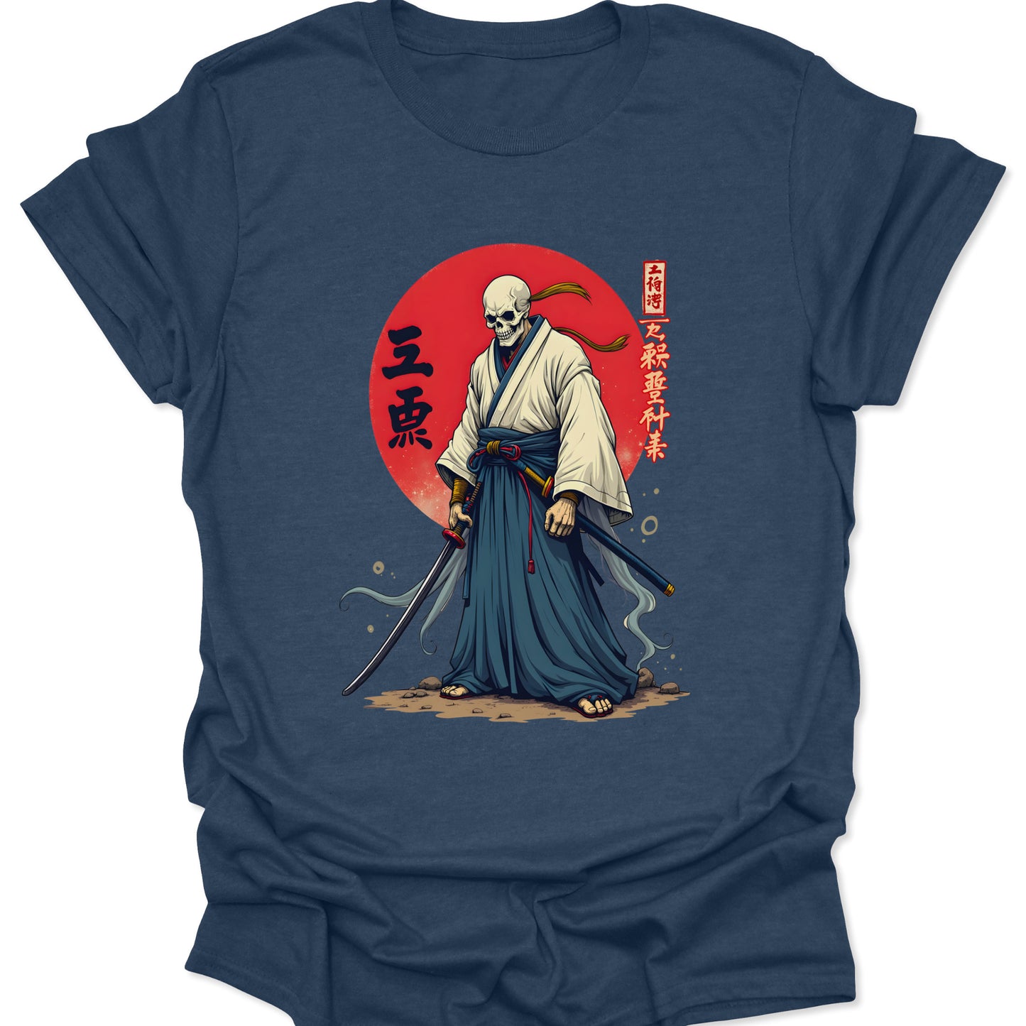 Heather navy blended cotton shirt featuring a skeleton samurai with a katana and red sun in Ukiyo-e style, isolated on a neutral studio background.
