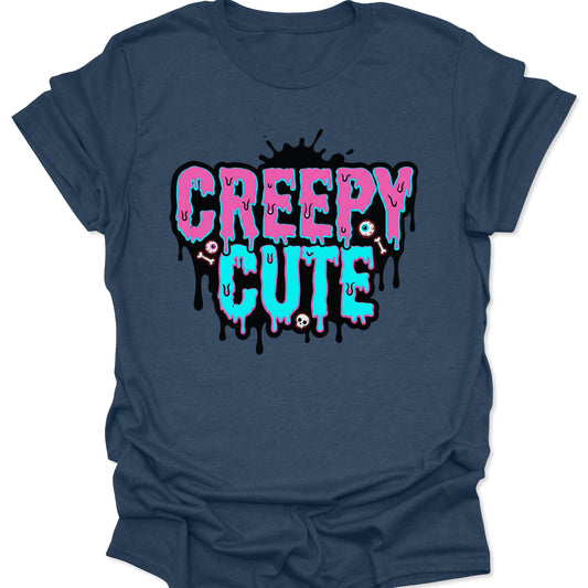 Heather navy unisex adult t-shirt featuring a pastel goth creepy cute design with high-contrast dripping slime font.