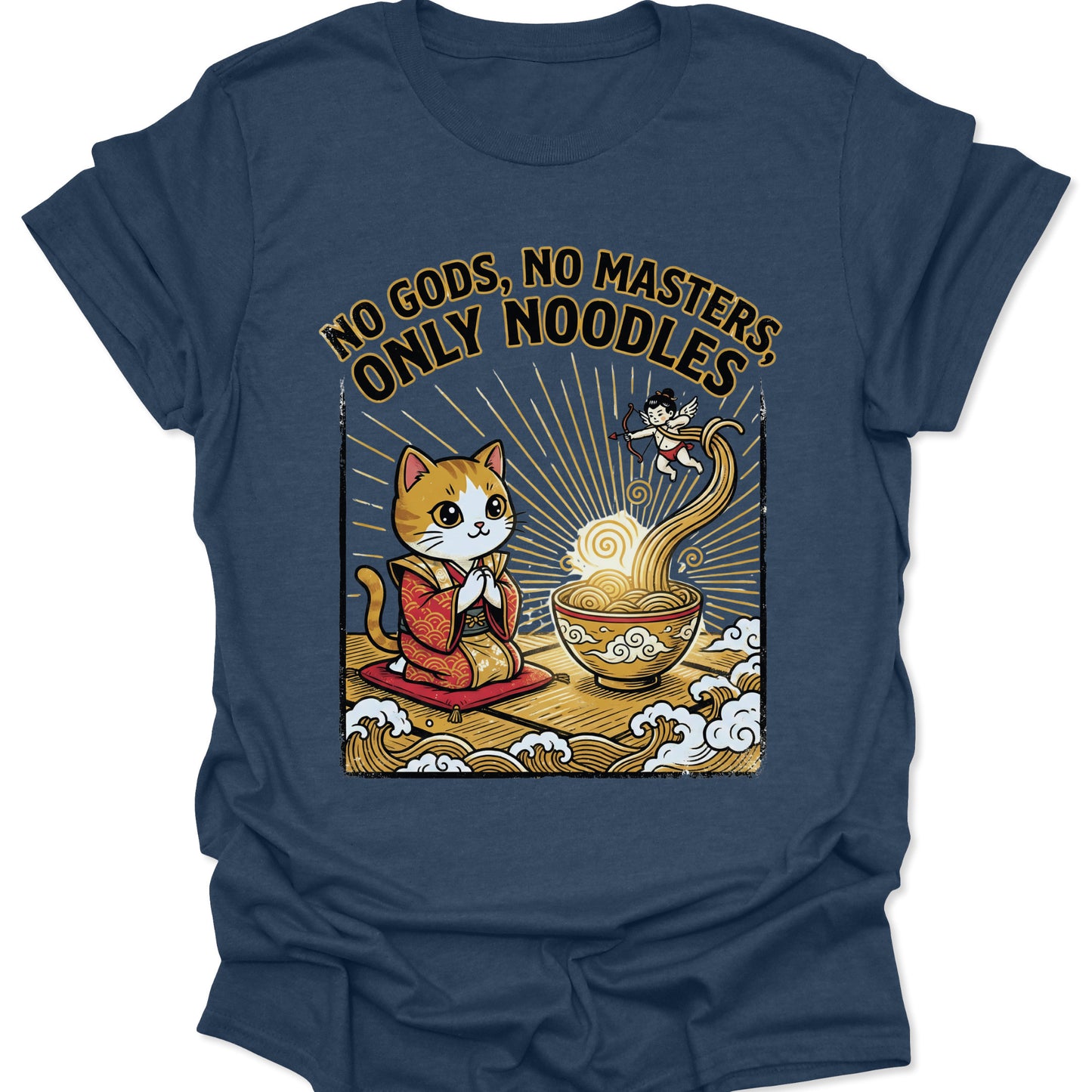 Heather Navy unisex adult t-shirt with retro Ukiyo-e art of a cat in a kimono bowing to a bowl of noodles.