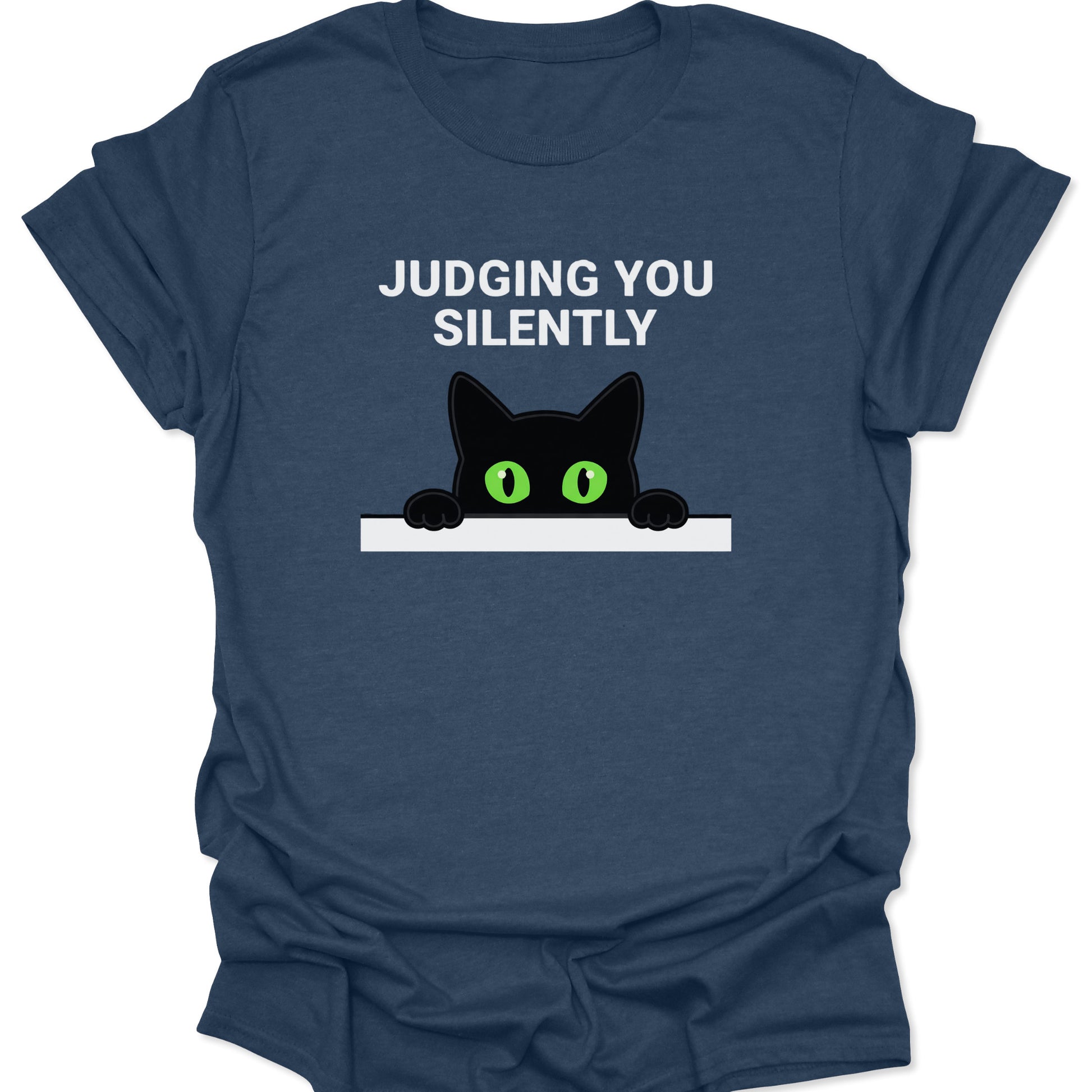 Heather Navy unisex adult t-shirt featuring a peeking black cat with green eyes and Judging You Silently text.