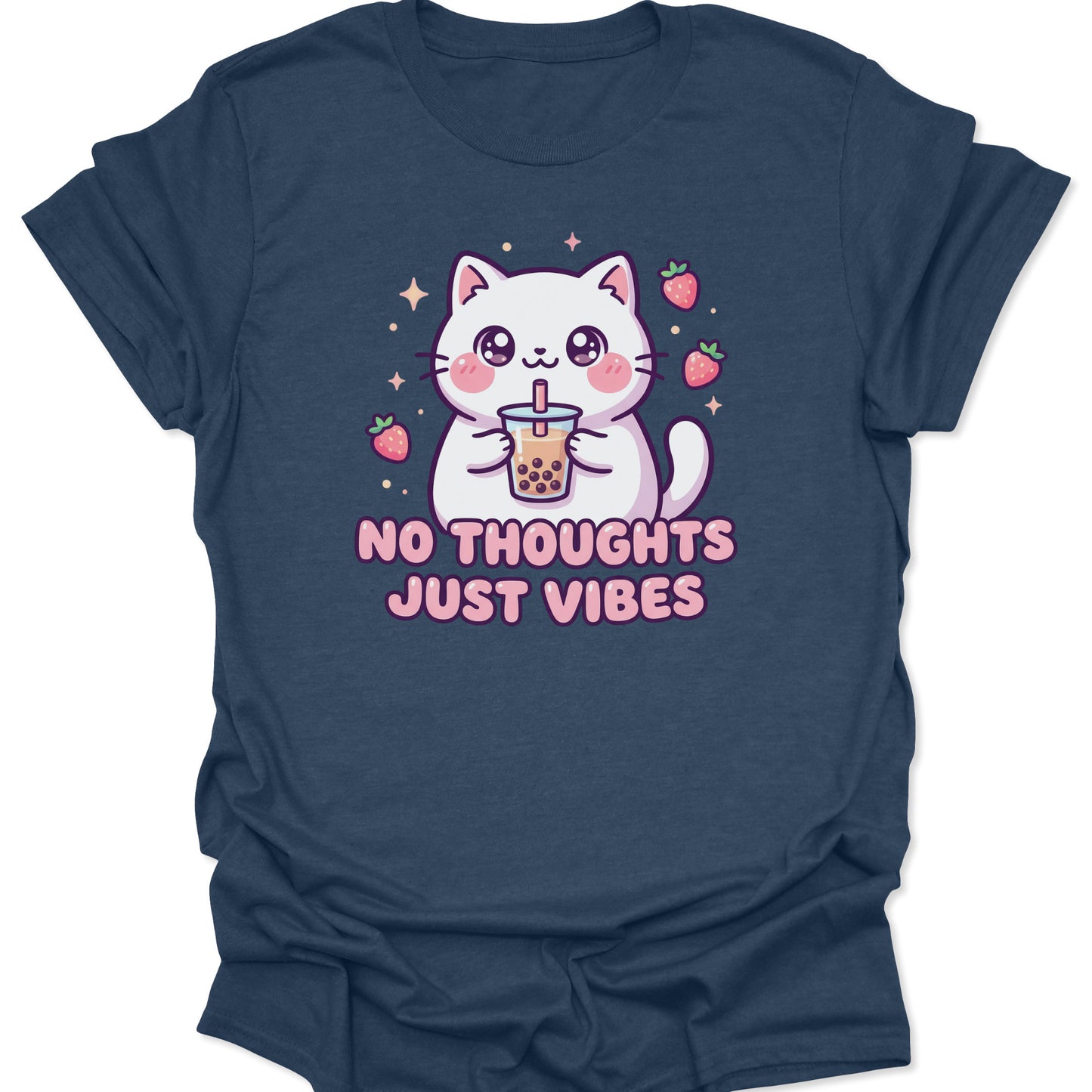 Heather navy unisex adult t-shirt featuring a kawaii white cat drinking boba with No Thoughts Just Vibes text and strawberries.