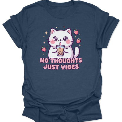 Heather navy unisex adult t-shirt featuring a kawaii white cat drinking boba with No Thoughts Just Vibes text and strawberries.