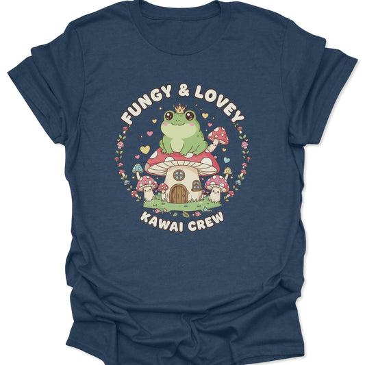Heather Navy unisex adult t-shirt featuring a pastel frog and mushroom house graphic with cute Kawaii Crew typography.