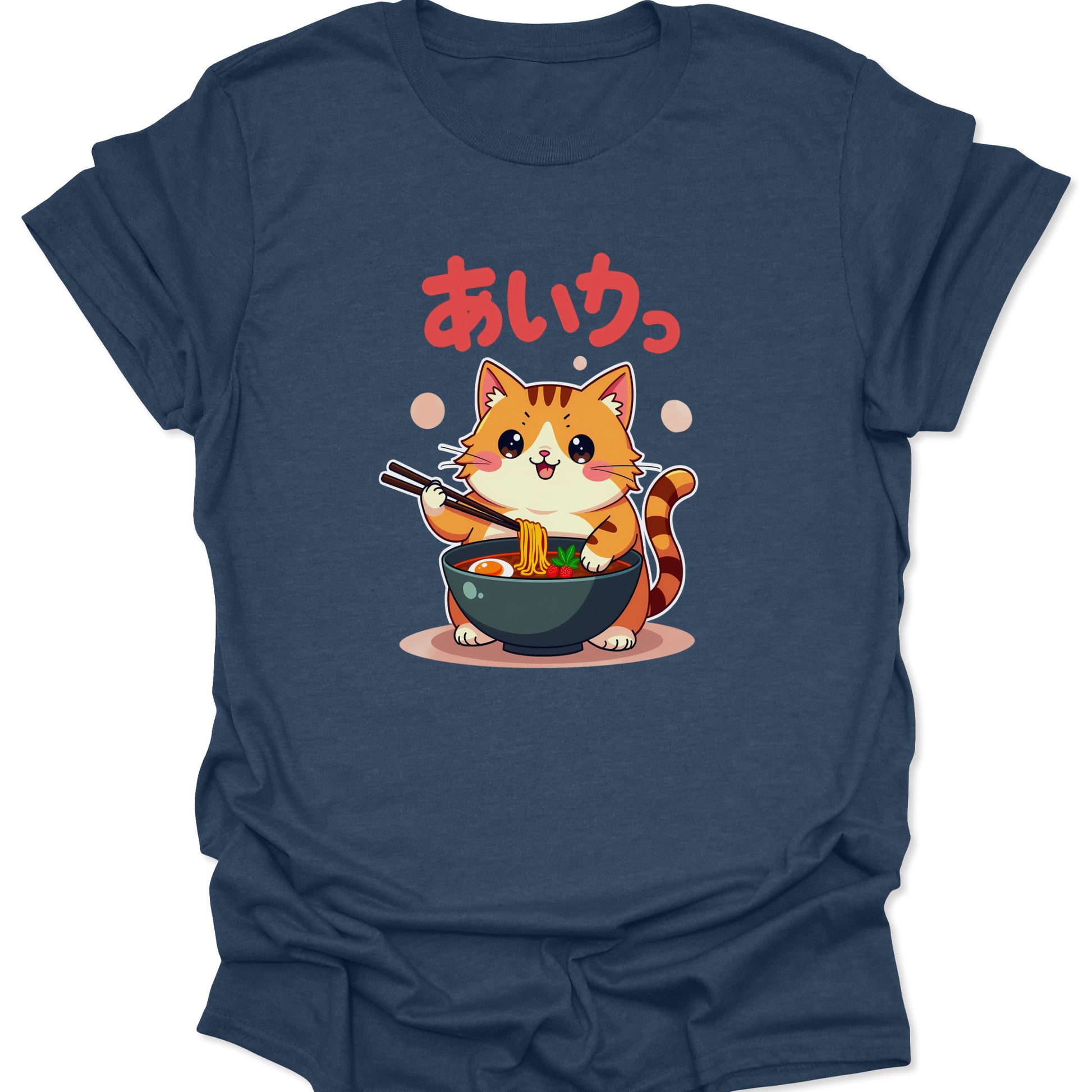 Heather Navy breathable shirt with a vibrant Kawaii Cat and Ramen Bowl illustration, Harajuku streetwear aesthetic.