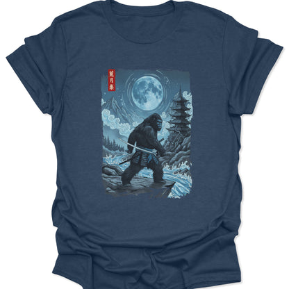 Heather Navy blue premium tee featuring a mythical Ronin Bigfoot under a full moon in a vintage Japanese streetwear aesthetic.