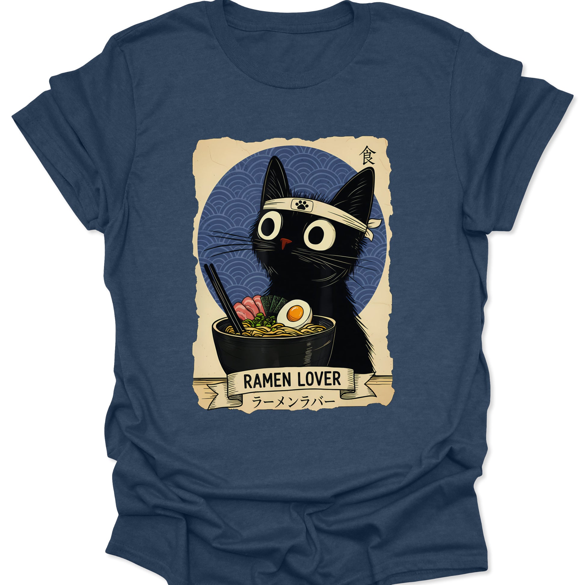 Heather Navy blue cotton-blend tee with a cute black cat ramen graphic, emphasizing vintage Japanese streetwear aesthetics, isolated on dark blue.