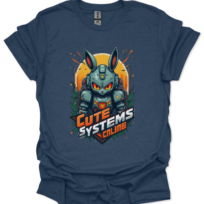 Navy blue t-shirt with a robot graphic and 'Cute Systems Online' text on a white background