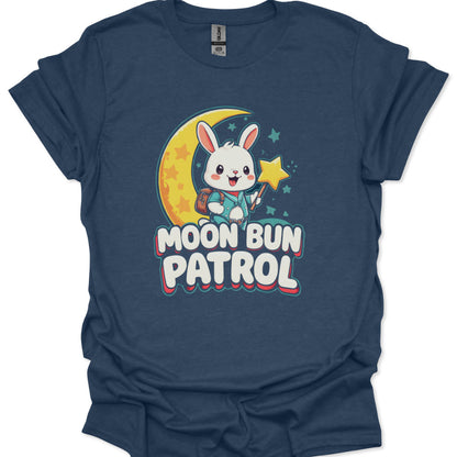 Navy blue t-shirt with a cartoon bunny on a moon and stars design and 'Moon Bun Patrol' text.