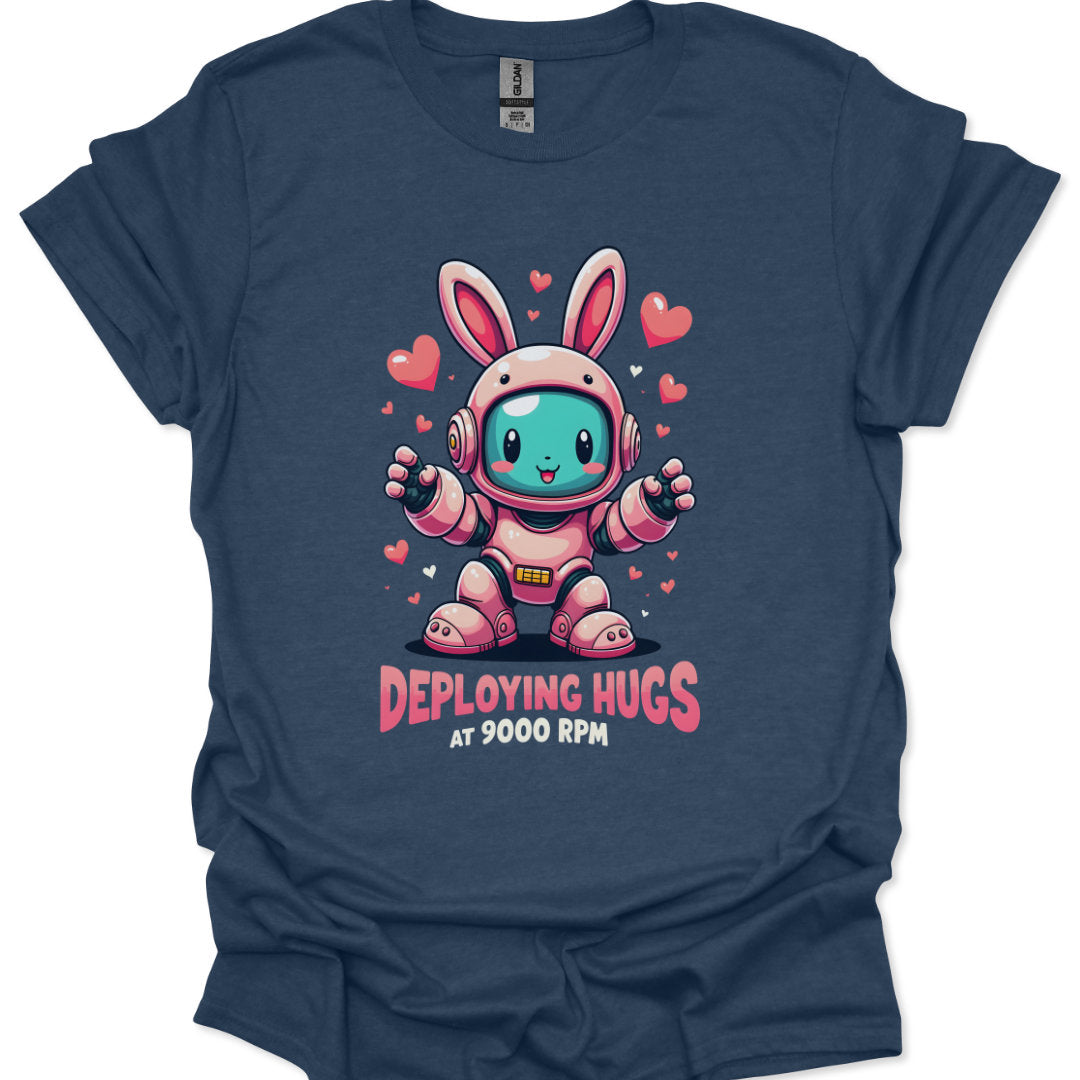 Navy blue t-shirt with a cartoon character in a space suit and text 'Deploying Hugs at 9000 RPM' on a white background.