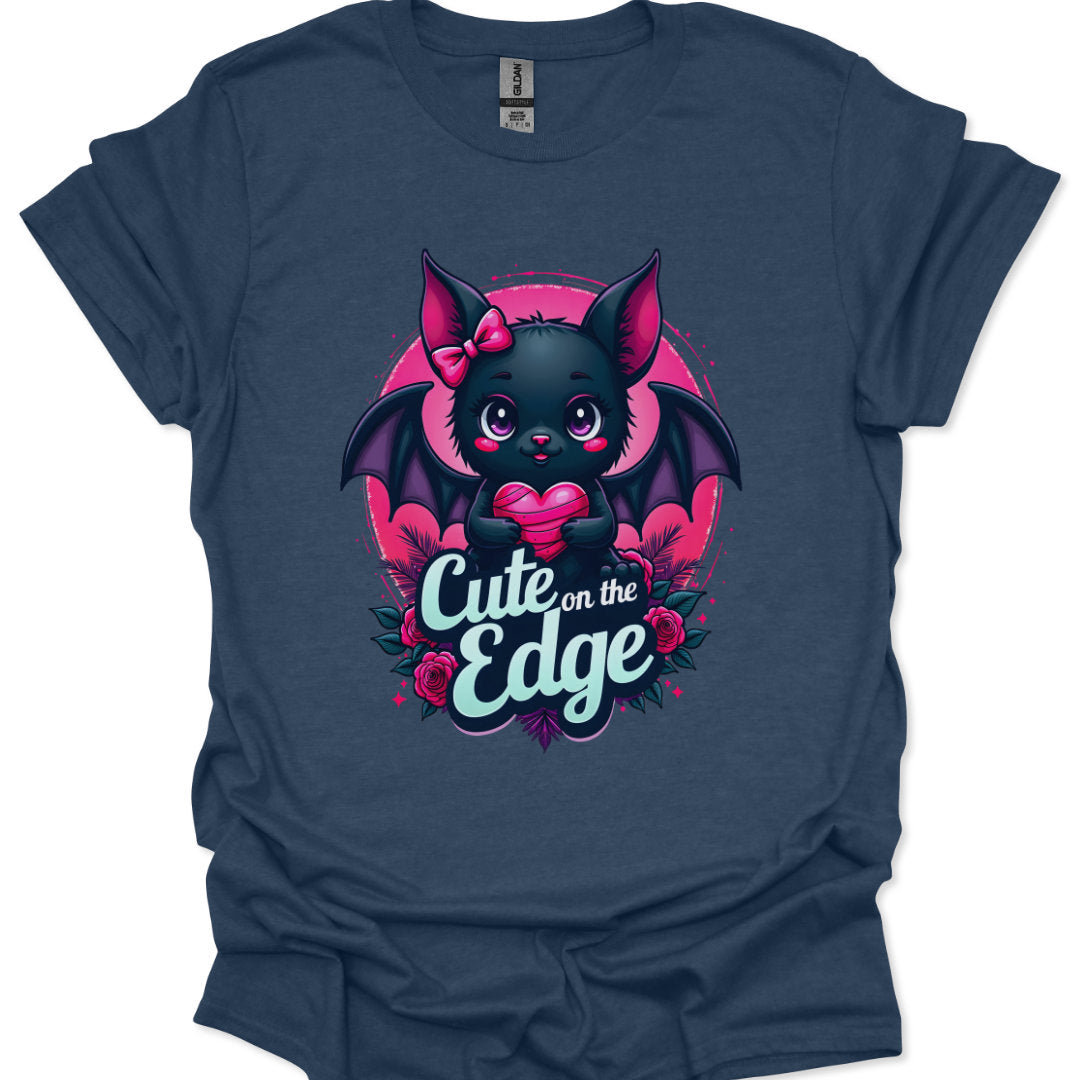 Navy blue t-shirt with a cute bat design and 'Cute on the Edge' text on a white background