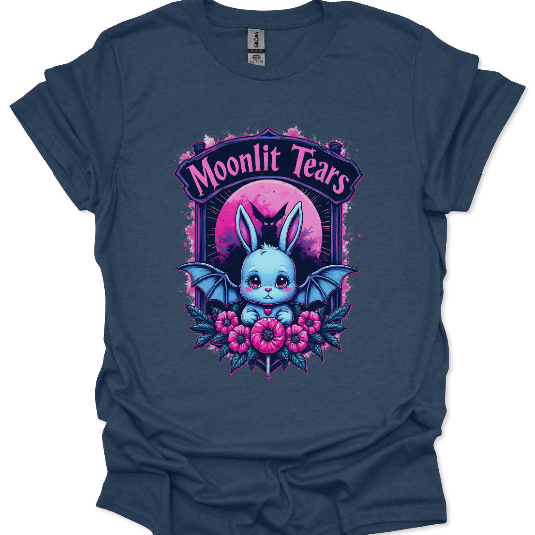 Navy blue t-shirt with a cute bat creature graphic and 'Moonlit Tears' text on a white background