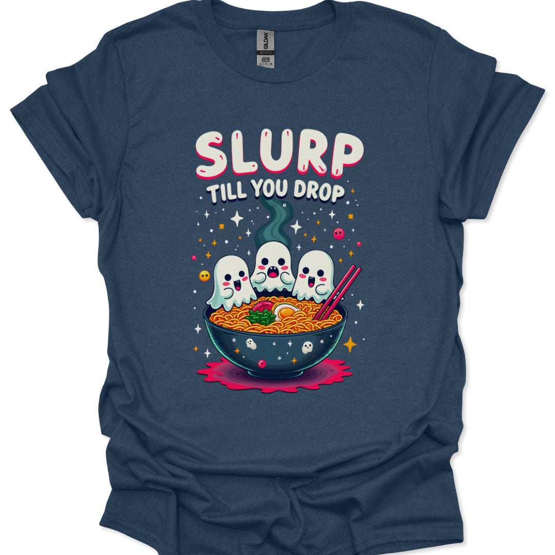 Navy blue t-shirt with a graphic of ghosts around a bowl of ramen and 'SLURP TILL YOU DROP' text.