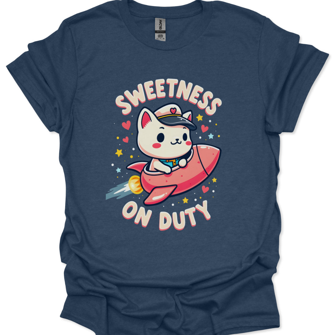 Navy blue t-shirt with a cartoon cat character and 'Sweetness on Duty' text on a white background