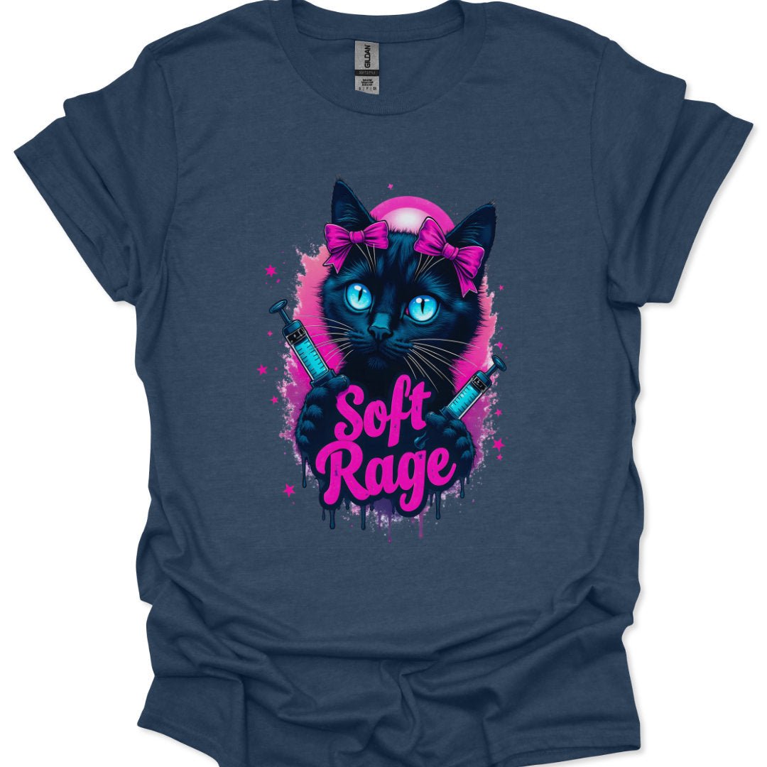 Navy blue t-shirt with a black cat holding swords and 'Soft Rage' text on a white background