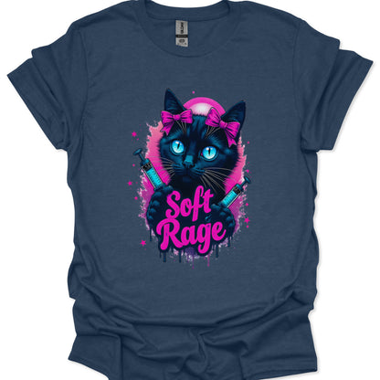 Navy blue t-shirt with a black cat holding swords and 'Soft Rage' text on a white background