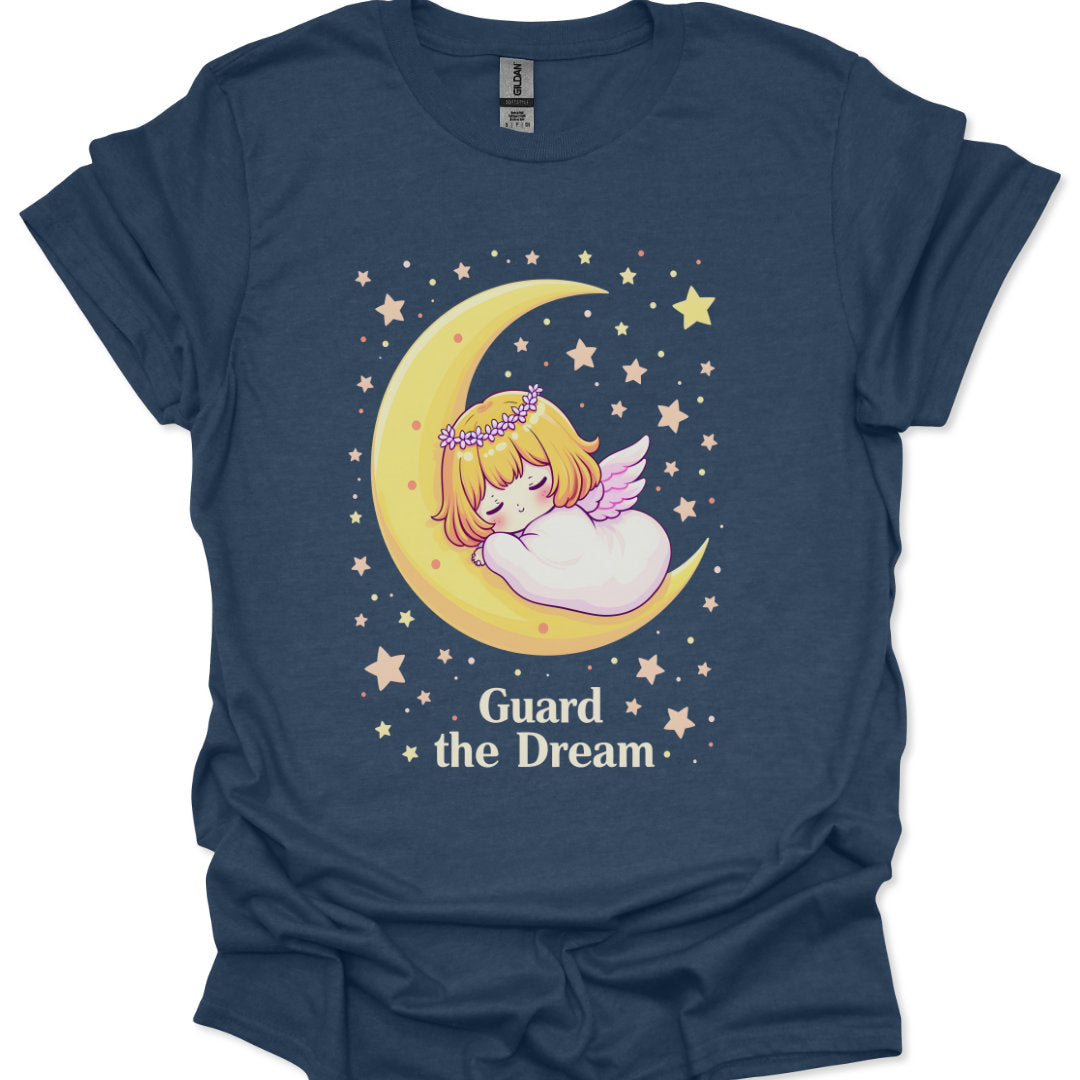 Navy blue t-shirt with a cartoon design of a girl on a crescent moon surrounded by stars, with 'Guard the Dream' text.