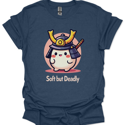 Navy blue t-shirt with a cartoon character in a samurai helmet and 'Soft but Deadly' text on a white background