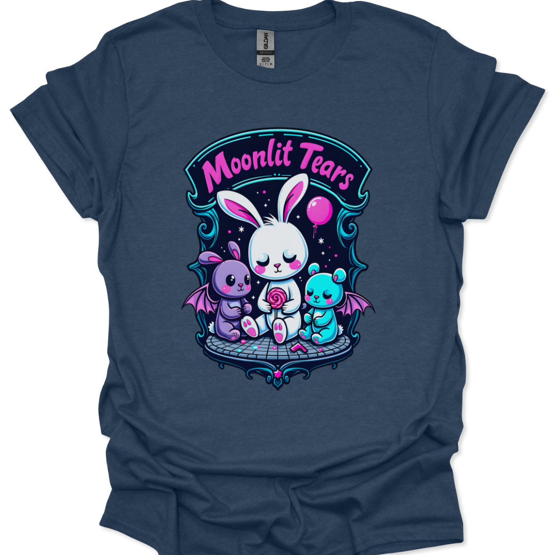 Navy blue t-shirt with 'Moonlit Tears' graphic design featuring cartoon characters on a white background.