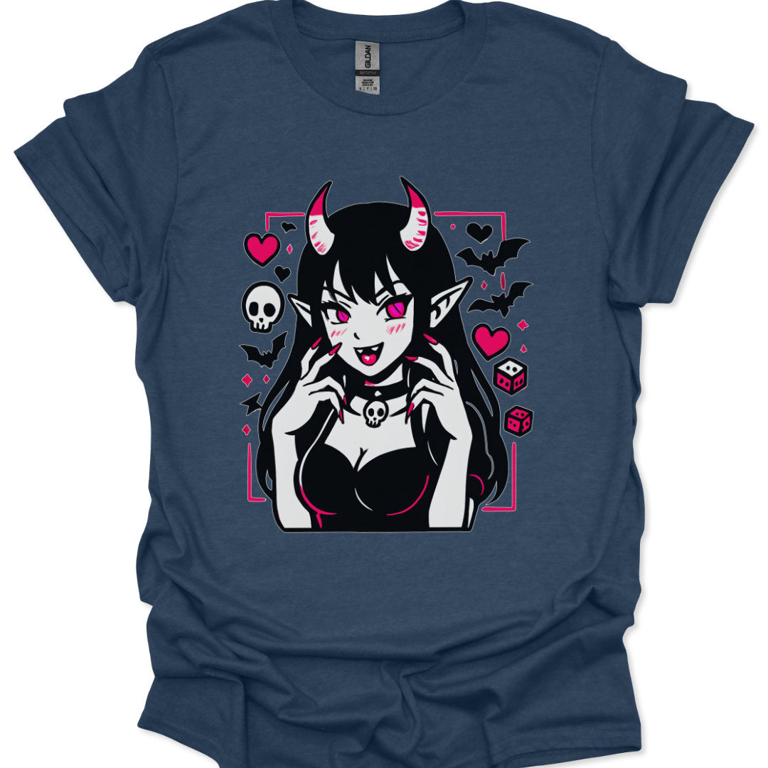 demon girl illustration framed with hearts dice and bats