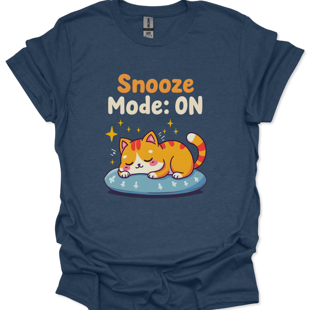 Cozy cartoon cat asleep on cushion under Snooze Mode On phrase
