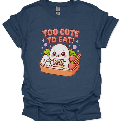 Navy blue t-shirt with a cartoon ghost and food items on a white background