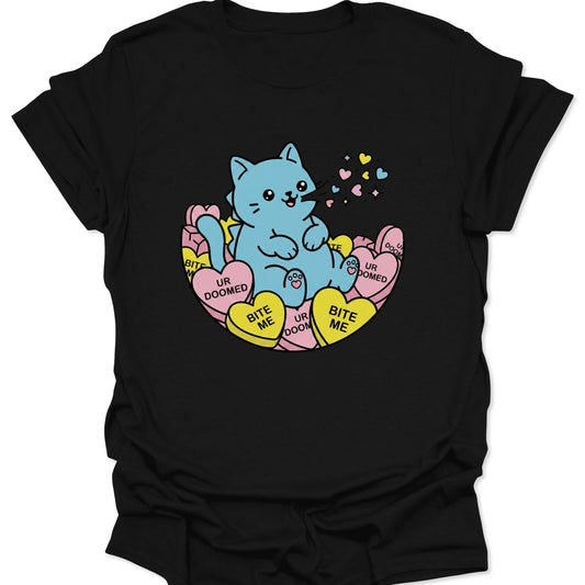 Black unisex adult t-shirt featuring a vibrant blue cat and creepy cute candy hearts in a bold harajuku streetwear style.
