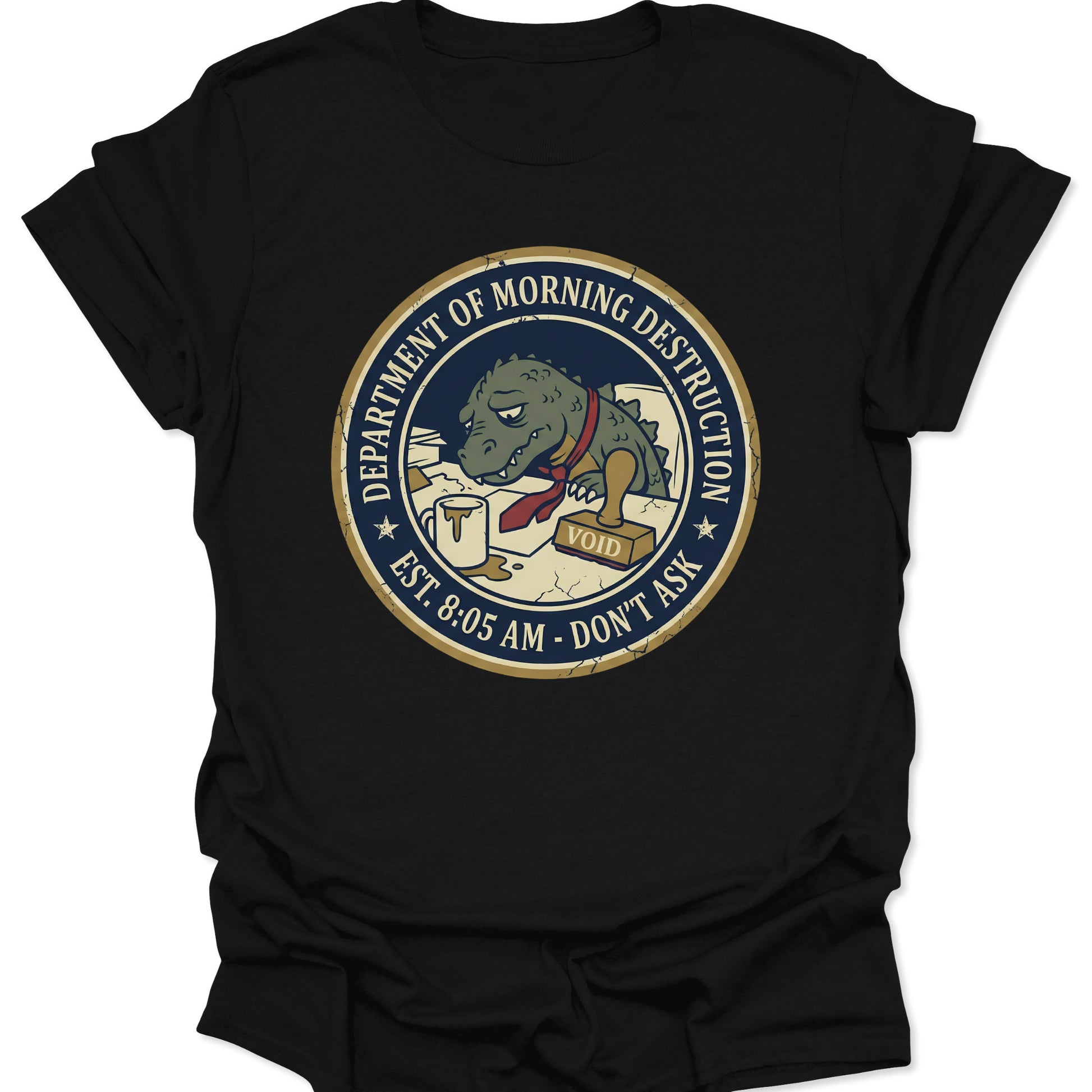 Black unisex adult t-shirt featuring vintage badge design of tired kaiju stamping void on paperwork.