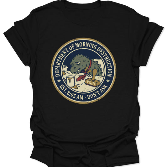 Black unisex adult t-shirt featuring vintage badge design of tired kaiju stamping void on paperwork.