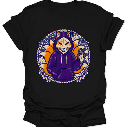 Black unisex adult t-shirt featuring an urban Japanese kitsune mascot spraying graffiti with traditional sakura motifs.