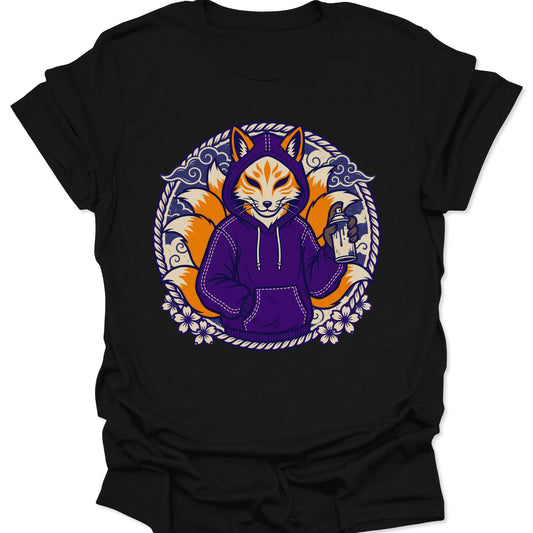Black unisex adult t-shirt featuring an urban Japanese kitsune mascot spraying graffiti with traditional sakura motifs.