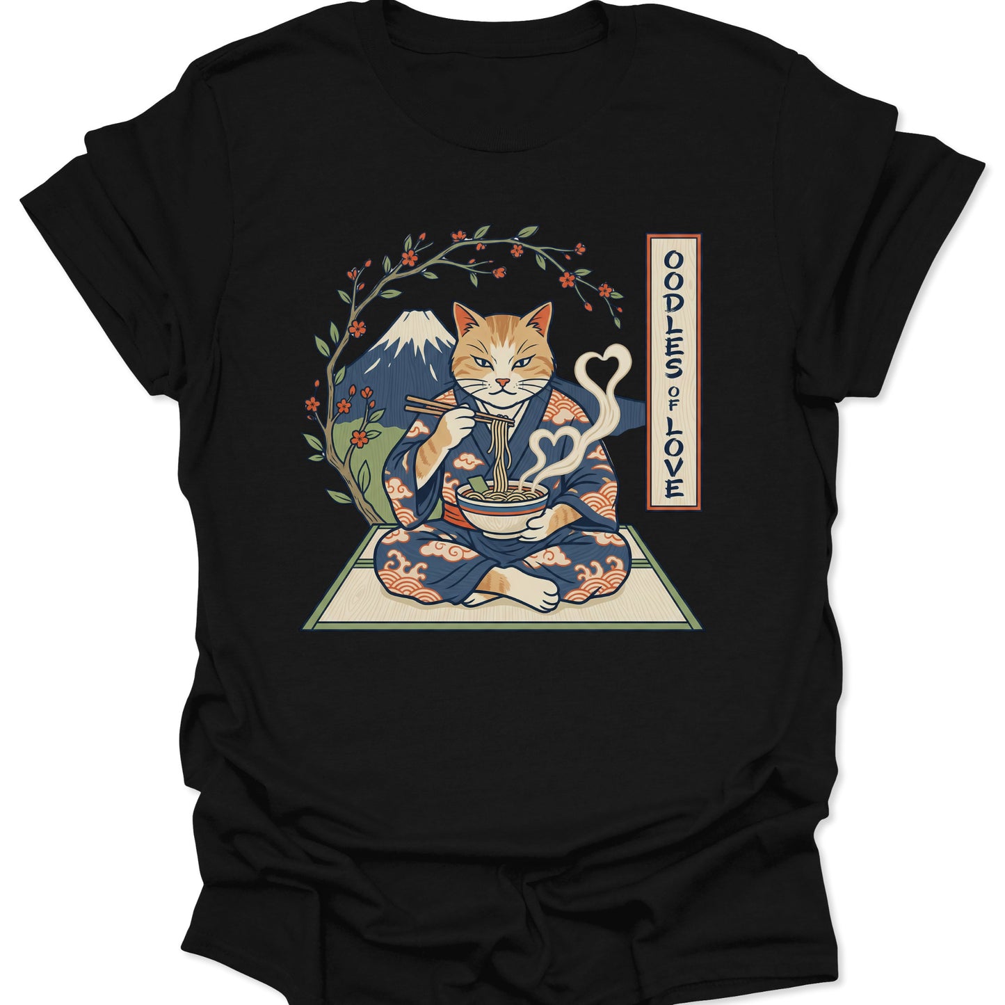 Black unisex adult t-shirt featuring a vibrant Japanese graphic of a ramen-eating cat sitting on a tatami mat by cherry blossoms.