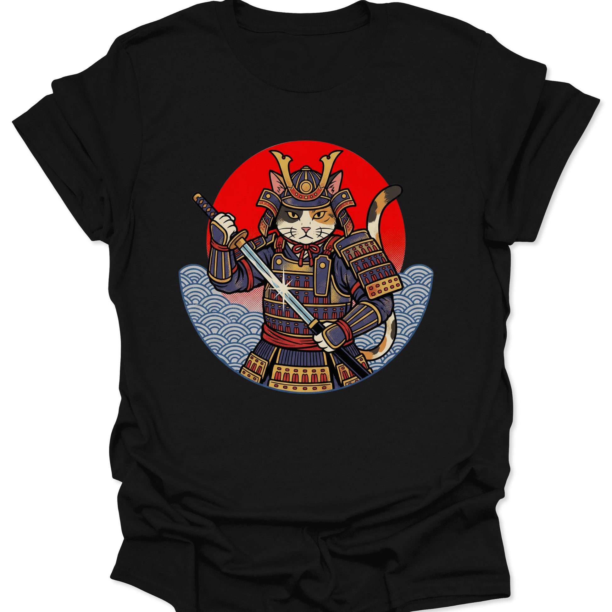 Black unisex adult t-shirt featuring a calico cat samurai in armor with a katana and red sun ukiyo-e art.