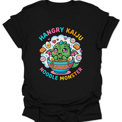 Black unisex adult t-shirt featuring a cute green kaiju dragon eating ramen noodles with hangry monster text.