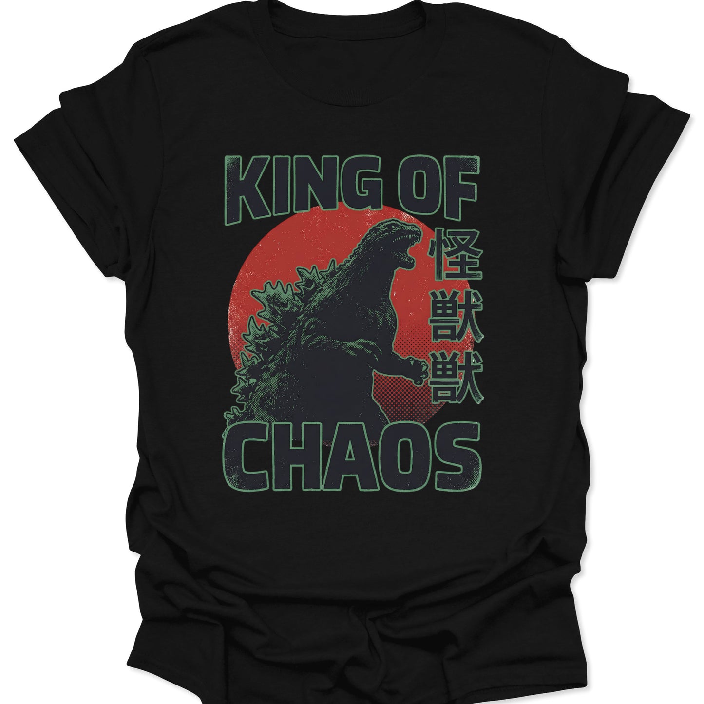 Black t-shirt featuring a green distressed Kaiju monster silhouette against a red sun with King of Chaos text and Kanji.