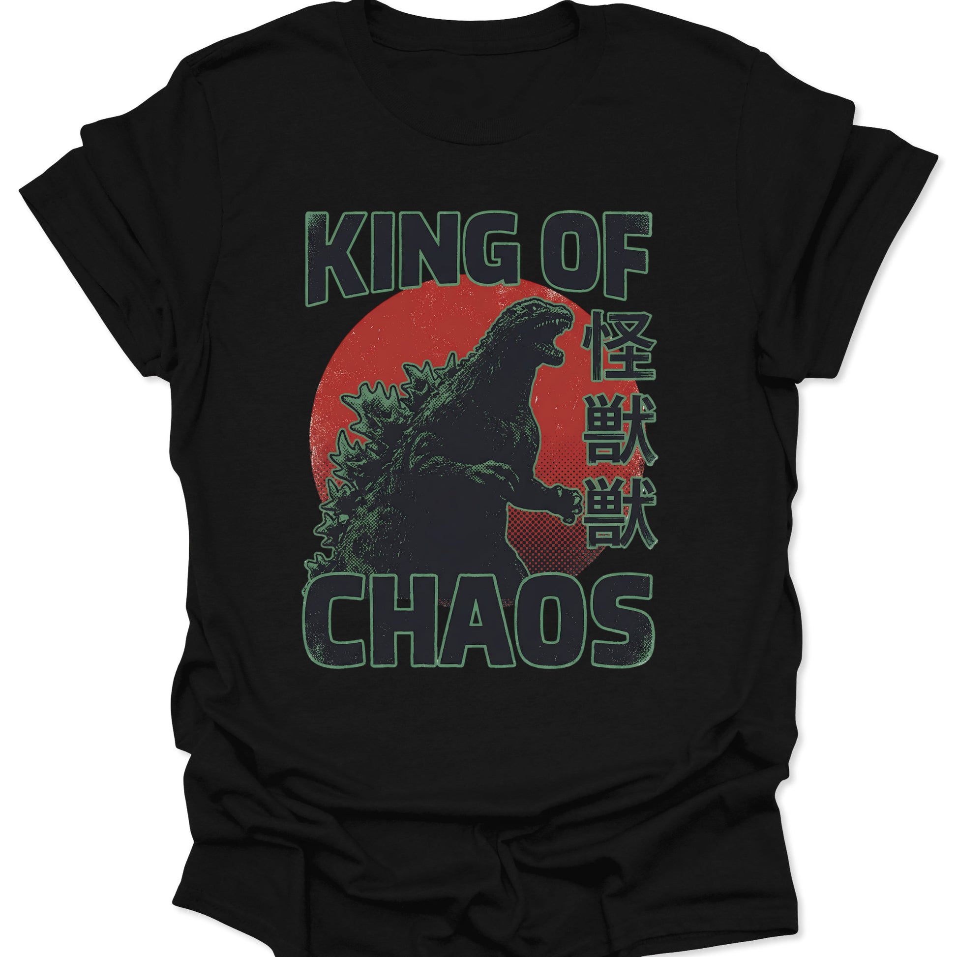 Black t-shirt featuring a green distressed Kaiju monster silhouette against a red sun with King of Chaos text and Kanji.