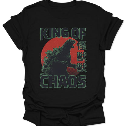 Black t-shirt featuring a green distressed Kaiju monster silhouette against a red sun with King of Chaos text and Kanji.