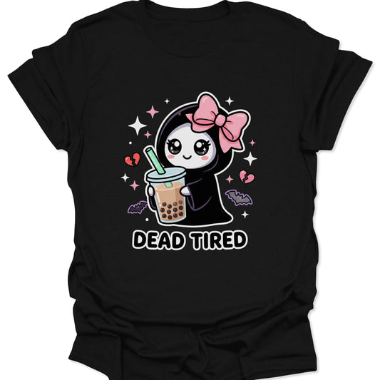 Black unisex adult t-shirt featuring a kawaii chibi reaper with a pink bow drinking boba tea and Dead Tired text.