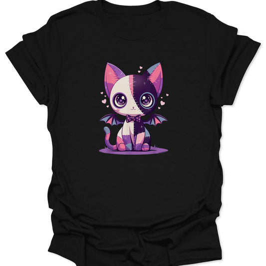 Black premium cotton tshirt with a high-contrast white and pastel bat cat illustration in a Japanese streetwear style, isolated on white.
