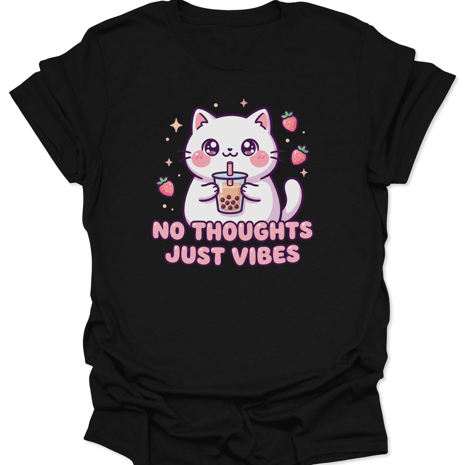 Black unisex adult t-shirt featuring a chibi white cat holding bubble tea with pink pastel No Thoughts Just Vibes slogan.
