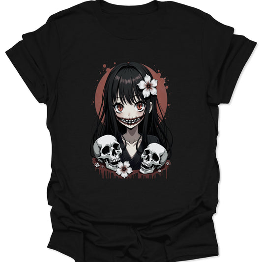 Black 100% ring-spun cotton shirt featuring a pink-haired Yami Kawaii girl with a skull face in a Japanese anime style, isolated on a clean studio background.