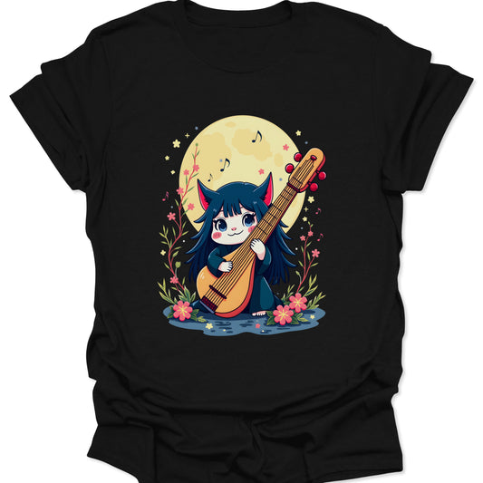 Black 100% ring-spun cotton shirt featuring a colorful nekomimi girl playing a biwa in a modern ukiyo-e style, isolated on a solid white studio background.