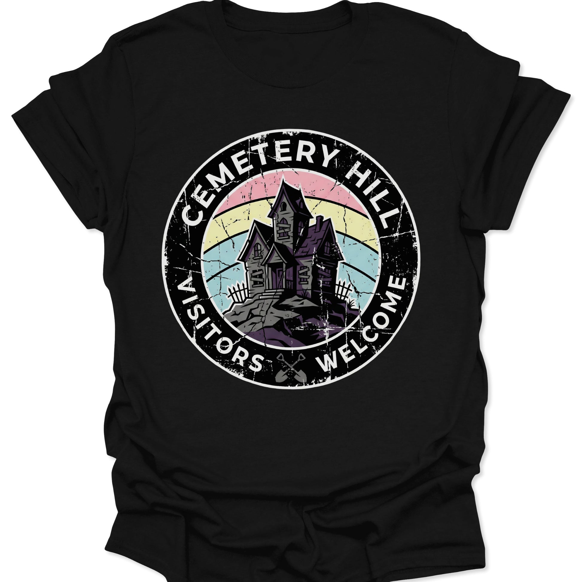 Black unisex adult t-shirt featuring a distressed pastel goth haunted house badge and Cemetery Hill text.