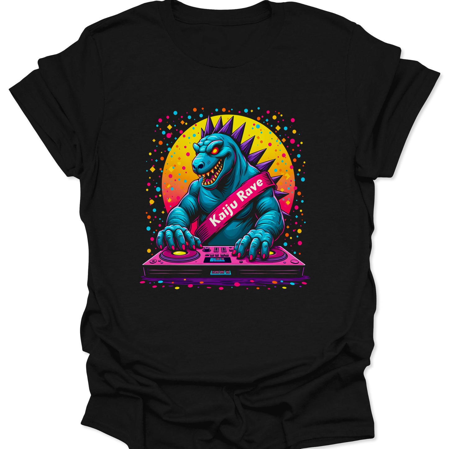 Black 100% ring-spun cotton shirt featuring a vibrant neon Kaiju DJ monster in a pop-art style, isolated on a clean white background.