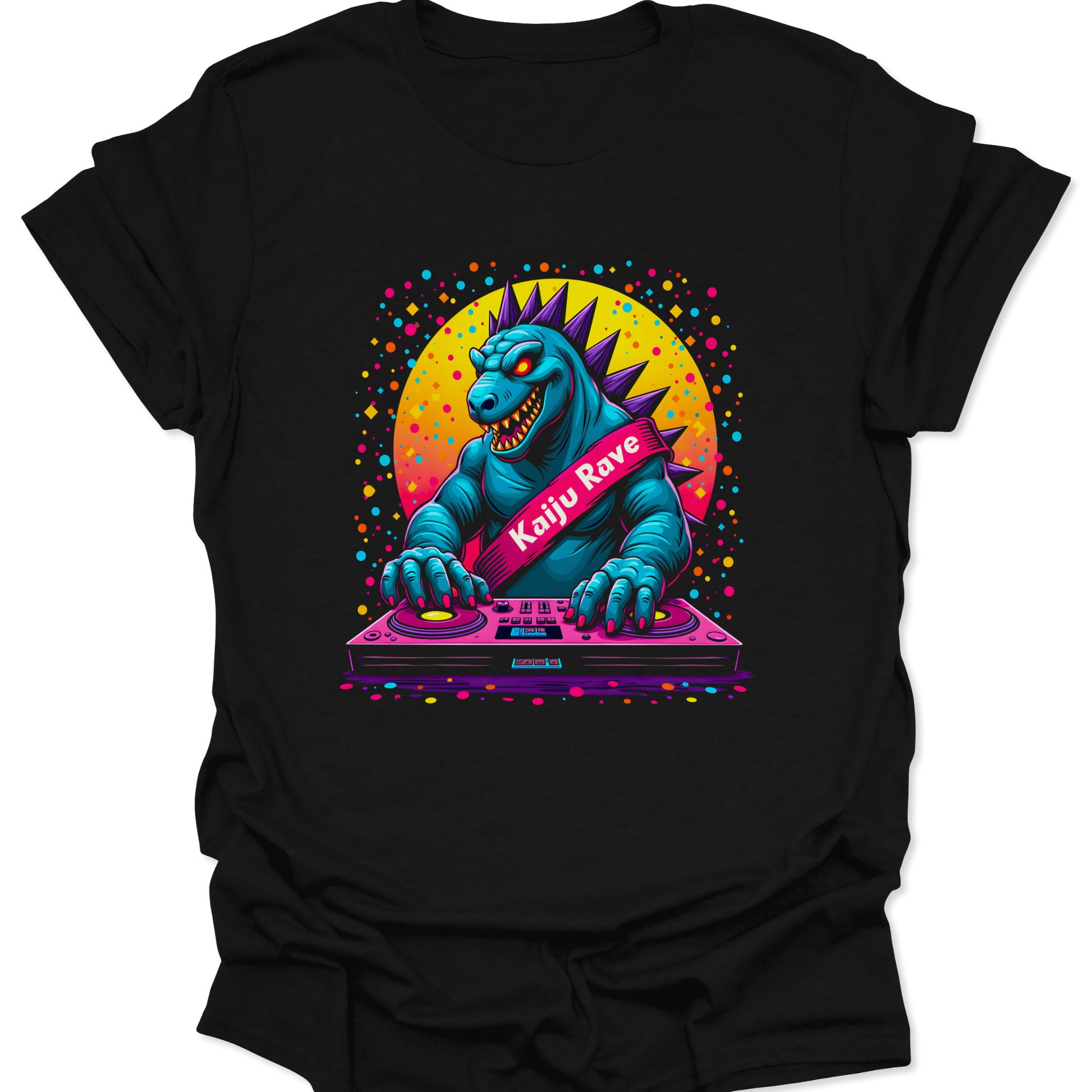 Black 100% ring-spun cotton shirt featuring a vibrant neon Kaiju DJ monster in a pop-art style, isolated on a clean white background.